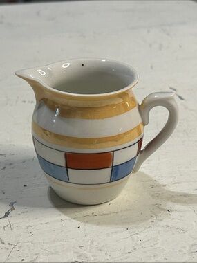 Vintage Ceramic Creamer Pitcher in White, Yellow, Blue and Orange